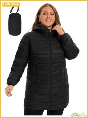 Plus Size Packable Hooded Puffer Jacket Lightweight Down Alternative